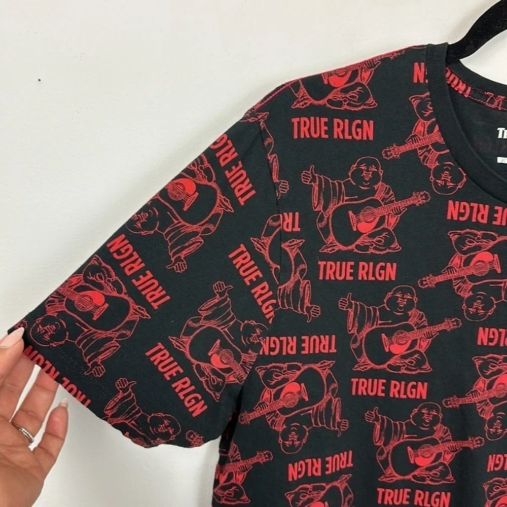 True Religion Buddha Mono Crew Neck Cotton T-shirt in Black/red Sz M